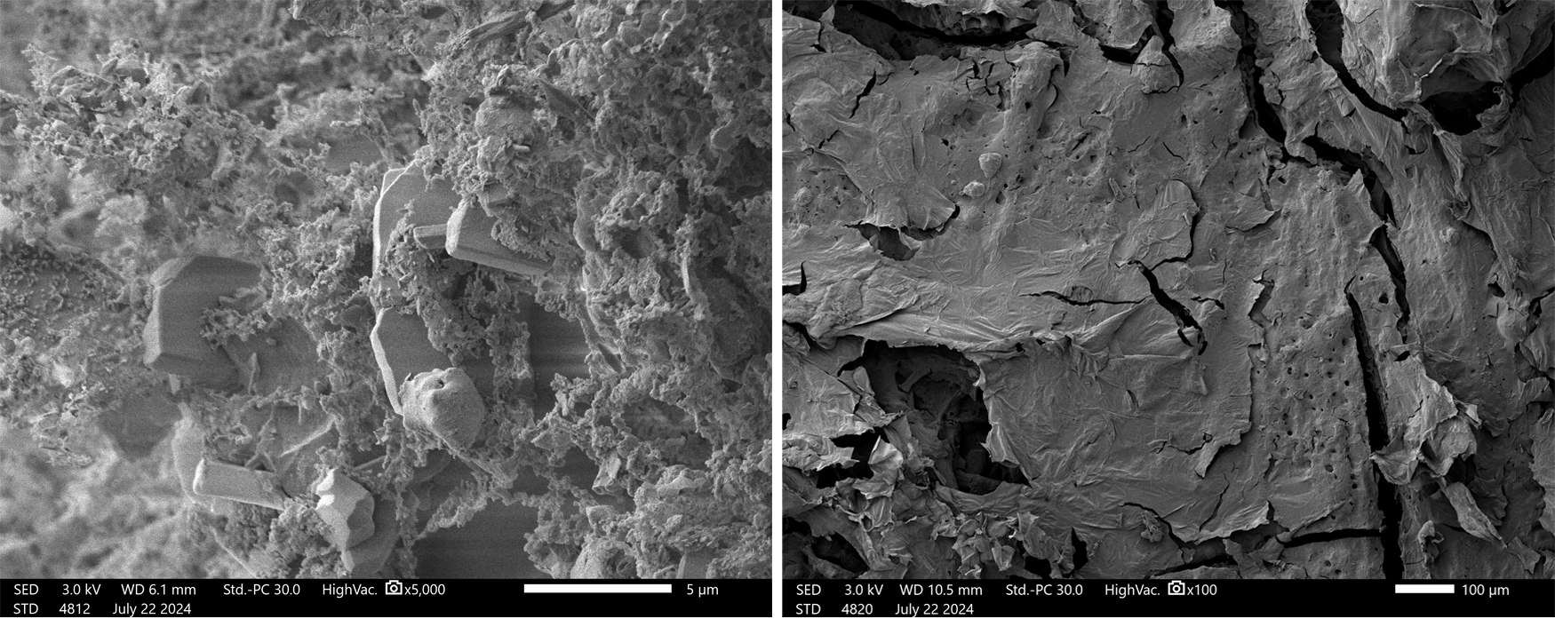 Figura 4: Micrografías SEM bio-PUD (izquierda) y bio-PUD+FR (derecha) Figura 4: Micrografías SEM bio-PUD (izquierda) y bio-PUD+FR (derecha)
